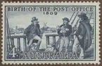 Frimärke ur Gösta Bodmans filatelistiska motivsamling, påbörjad 1950.
Frimärke från Australien, 1959. Motiv av Postväsendets införande i Australien 1809. 150-årsminne. 1809-1959.