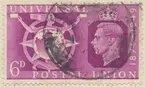 Frimärke ur Gösta Bodmans filatelistiska motivsamling, påbörjad 1950.
Frimärke från England, 1949. Motiv av Symboler Världspostföreningen 75 år 1874-1949. -(t.h.): Kung George VI-