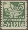 Frimärke ur Gösta Bodmans filatelistiska motivsamling, påbörjad 1950.
Frimärke från Sverige, 1933. Motiv av Symbolisk bild Postsparbanken 50 år 1884-1934.