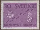 Frimärke ur Gösta Bodmans filatelistiska motivsamling, påbörjad 1950.
Frimärke från Sverige, 1962. Motiv av Krona och Posthorn -Symbol för posten- Svenska Lokalbrevbäringen 100 år: 1862-1962.