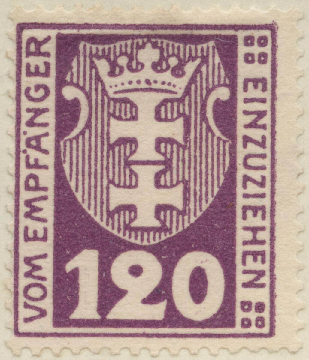 Frimärke ur Gösta Bodmans filatelistiska motivsamling, påbörjad 1950.
Frimärke från Danzig, 1921. Motiv av Danzigs- Vapen