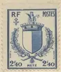 Frimärke ur Gösta Bodmans filatelistiska motivsamling, påbörjad 1950.
Frimärke från Frankrike, 1945. Motiv av Vapen Staden Metz 