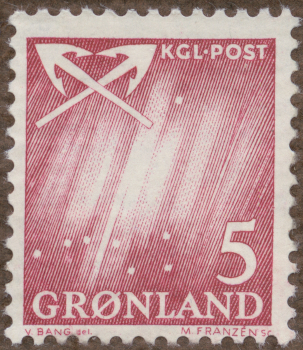 Frimärke ur Gösta Bodmans filatelistiska motivsamling, påbörjad 1950.
Frimärke från Grönland, 1963. Motiv av Vapen; harpuner - symbol för valfångst i Grönland-