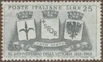 Frimärke ur Gösta Bodmans filatelistiska motivsamling, påbörjad 1950.
Frimärke från Italien, 1958. Motiv av Tre italienska vapen 40-års minne av segern 1918