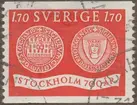 Frimärke ur Gösta Bodmans filatelistiska motivsamling, påbörjad 1950.
Frimärke från Sverige, 1953. Motiv av Stockholms äldsta sigill Stockholm 700 år 1253-1953