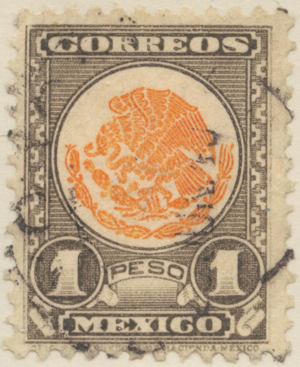 Frimärke ur Gösta Bodmans filatelistiska motivsamling, påbörjad 1950.
Frimärke från Mexico, 1934. Motiv av Stiliserat National Vapen
