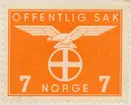 Frimärke ur Gösta Bodmans filatelistiska motivsamling, påbörjad 1950.
Frimärke från Norge, 1942. Motiv av Örn över Sol-Kors = Norska Nazistpartiets emblem.