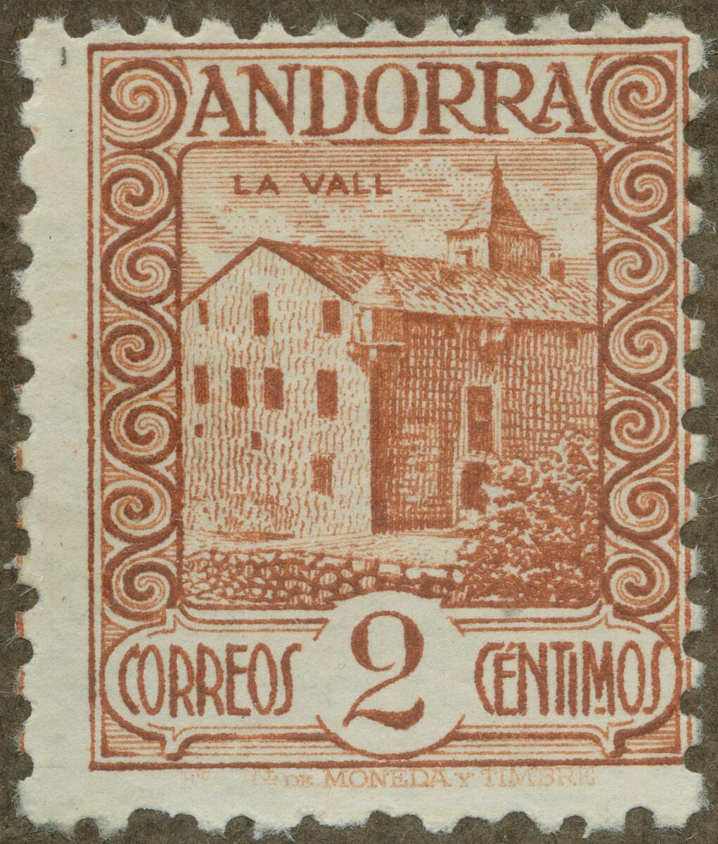 Frimärke ur Gösta Bodmans filatelistiska motivsamling, påbörjad 1950.
Frimärke från Andorra, 1929. Motiv av Huset "La Vall"