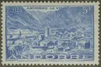 Frimärke ur Gösta Bodmans filatelistiska motivsamling, påbörjad 1950.
Frimärke från Andorra, 1944. Motiv av Det gamla Andorra