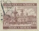 Frimärke ur Gösta Bodmans filatelistiska motivsamling, påbörjad 1950.
Frimärke från Böhmen och Mähren, 1940. Motiv av Samson Fontänen i staden Budejovice (Budweis)