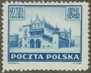 Frimärke ur Gösta Bodmans filatelistiska motivsamling, påbörjad 1950.
Frimärke från Polen, 1945. Motiv av Byggnad i polsk stad. (Klädeshallen) Krakaus befrielse. Den 19 januari 1945.