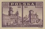 Frimärke ur Gösta Bodmans filatelistiska motivsamling, påbörjad 1950.
Frimärke från Polen, 1945. Motiv av Warschau Före och efter bombning 1939 och 1945