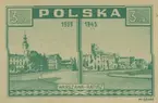 Frimärke ur Gösta Bodmans filatelistiska motivsamling, påbörjad 1950.
Frimärke från Polen, 1945. Motiv av Före och efter bombning  Warschau - Ratusz