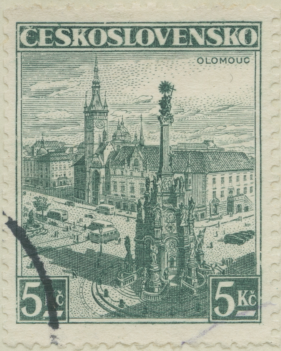 Frimärke ur Gösta Bodmans filatelistiska motivsamling, påbörjad 1950.
Frimärke från Tscheckoslovakiet, 1936. Motiv av Staden Olmütz