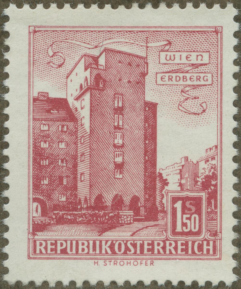 Frimärke ur Gösta Bodmans filatelistiska motivsamling, påbörjad 1950.
Frimärke från Österrike, 1958. Motiv av Rabenhofhuset: Wien- Erdberg -stadsbild-