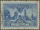 Frimärke ur Gösta Bodmans filatelistiska motivsamling, påbörjad 1950.
Frimärke från Australien, 1936. Motiv av Staden Adelaide i Sydaustralien 1836 och 1936. Sydaustralien 100 år.