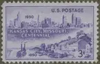 Frimärke ur Gösta Bodmans filatelistiska motivsamling, påbörjad 1950.
Frimärke från U.S.A., 1950. Motiv av Kansas City: Förr och nu Staten Missouri 100 år: 1850-1950