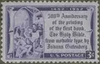 Frimärke ur Gösta Bodmans filatelistiska motivsamling, påbörjad 1950.
Frimärke från U.S.A., 1952. Motiv av Johann Gutenbergs tryckning av den första bibeln med lösa typer 500-års minne 1452-1952.