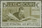 Frimärke ur Gösta Bodmans filatelistiska motivsamling, påbörjad 1950.
Frimärke från Luxemburg, 1935. Motiv av Tidningsman i arbete