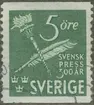 Frimärke ur Gösta Bodmans filatelistiska motivsamling, påbörjad 1950.
Frimärke från Sverige, 1945. Motiv av Gåspenna Fackla Den svenska tidningspressen 300 år 1645-1945.