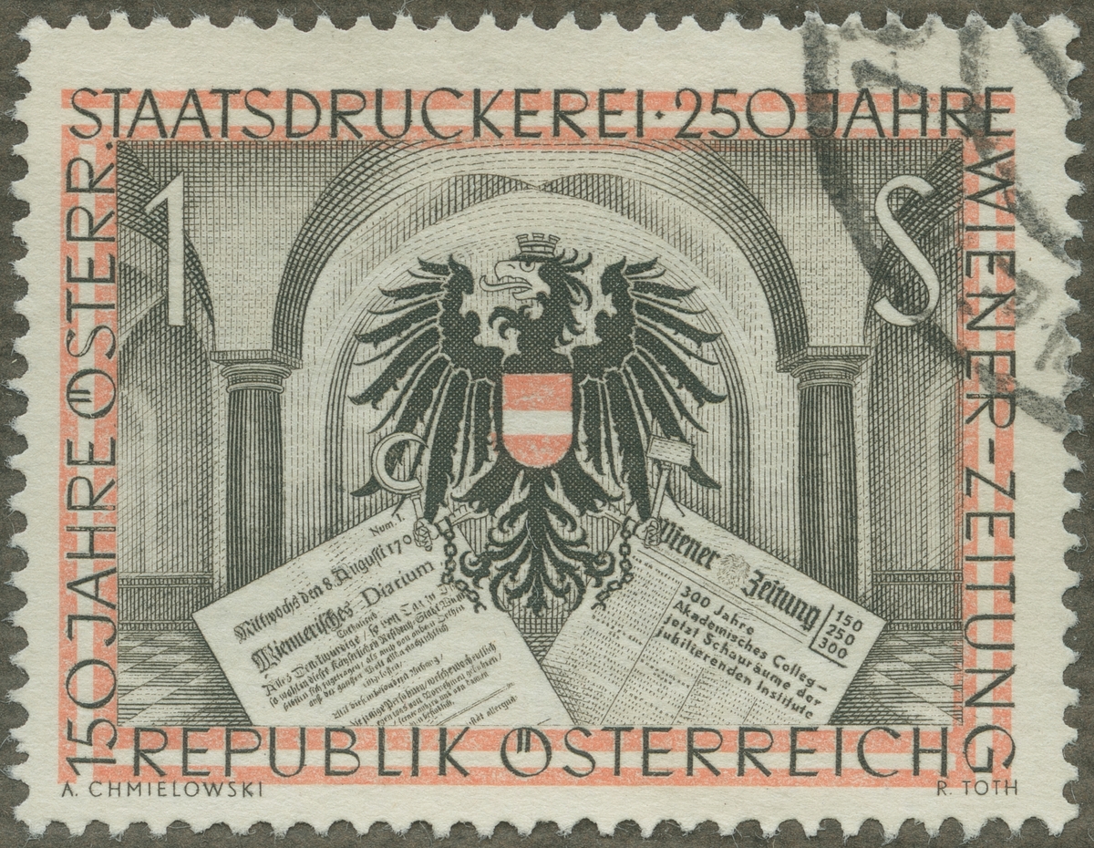 Frimärke ur Gösta Bodmans filatelistiska motivsamling, påbörjad 1950.
Frimärke från Österrike, 1954. Motiv av Tidningsuppslag. Österrikes vapen Statstryckeriet 150 år: 1804-1954. "Wiener Zeitung" 250 år: 1704-1954.