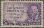 Frimärke ur Gösta Bodmans filatelistiska motivsamling, påbörjad 1950.
Frimärke från U.S.A., 1947. Motiv av Joseph Pulitzer 1847-1911. Journalist. Tidningsägare. Filantrop. Donerade 2 million dollars till: 