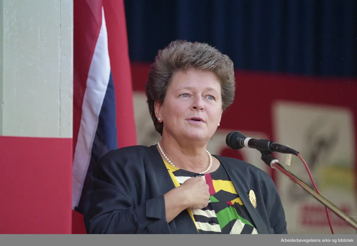 Statsminister Gro Harlem Brundtland på talerstolen under valgkamp på St. Hanshaugen, 9. september 1991.