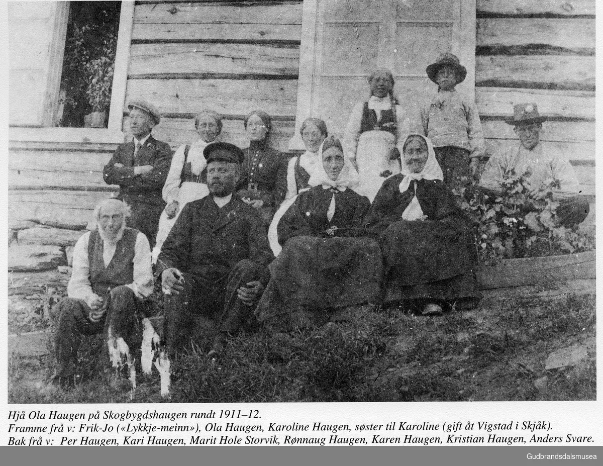 Hjå Ola Haugen på Skogbygdshaugen rundt 1911-12. Framme frå v: Frik-Jo ("Lykkje-meinn"), Ola Haugen, Karoline Haugen, søster til Karoline (gift åt Vigstad i Skjåk). Bak frå v: Per Haugen, Kari Haugen, Marit Hole Storvik, Rønnaug Haugen, Karen Haugen, Kristian Haugen, Anders Svare.
Utlån: Reidun Fergestad.

Vågåkalenderen 1998, utgjevar: Vågå Kameraklubb