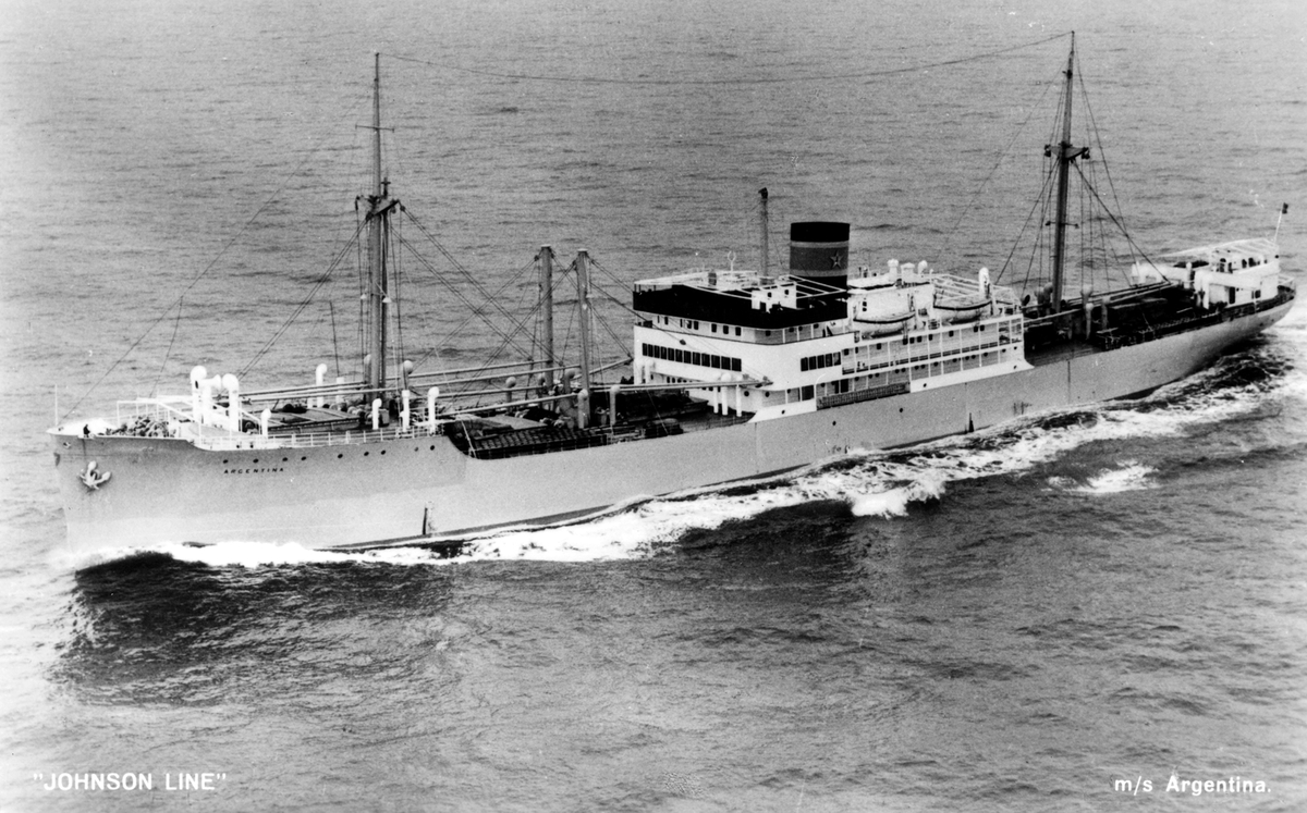 "Johnson Line". m/s Argentina. Byggd 1935 av Ab Götaverken, Göteborg. Levererades 21 mars 1935 till Rederi Ab Nordstjernan, Stockholm. Minsprängdes fartyget i Skagerak, Sjätte juli 1942.
