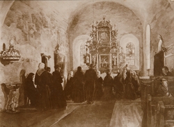 Postkort, Stange kirke, repro av maleri med motiv fra "Alter