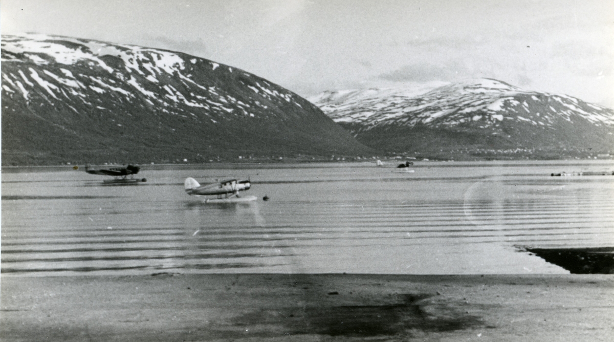 En Ju-52 og en av Widerøes Noorduyn Norseman ligger fortøyd i blåser ved Skattøra.