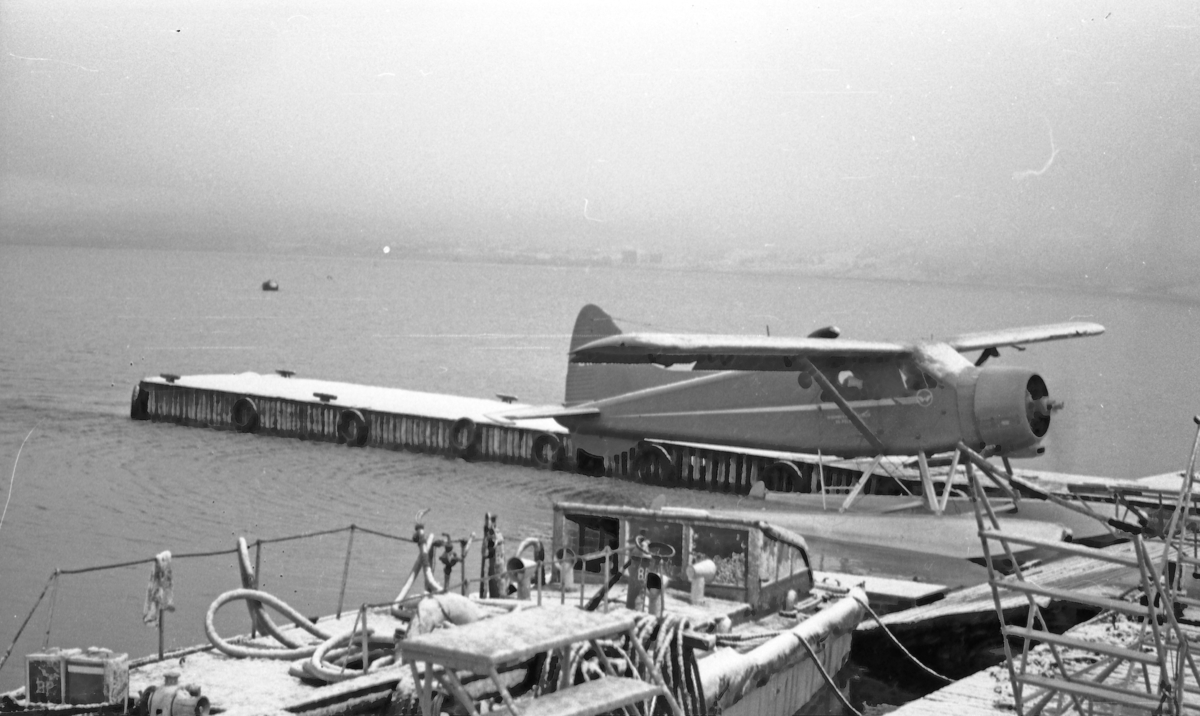 Widerøes Beaver DHC 2, med registreringsnummer LN-SUL, ligger fortøyd ved en sjøflyhavn.