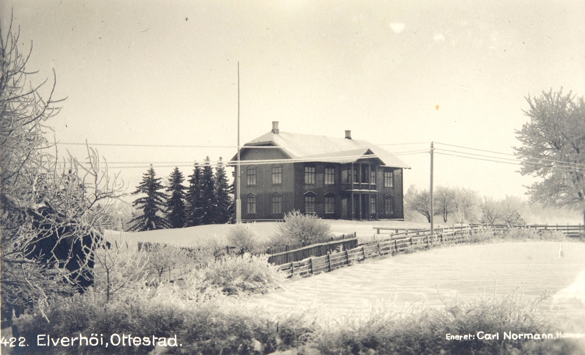 Postkort, Stange, Ottestad, forsamlingshuset Elverhøi bygd ca 1905, vinter,