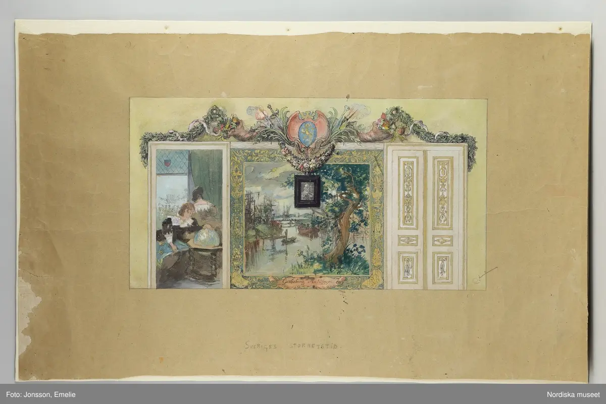 Katalogkort:
"Freskskissser, 6 st. Akvarell på brunt papper. Osignerad. 1890-tal. Tillverkare Carl Larsson. Brukare Göteborgs Nya elementarläroverk för flickor. Freskskiss för Göteborgs Nya elementar läroverk för flickor. Sektion av trapplopp. Väggdekoration med drakslingor och väggfältsamt bilder fr v till h: Kvinna som väver våfwerska (ungmö), flicka med docka samt kvinna med tre barn vid sten. Blyertstext: Enka vid mannens bautasten. Övergripande text Yngre och äldre jernålder samt storleksangivelse i fot."