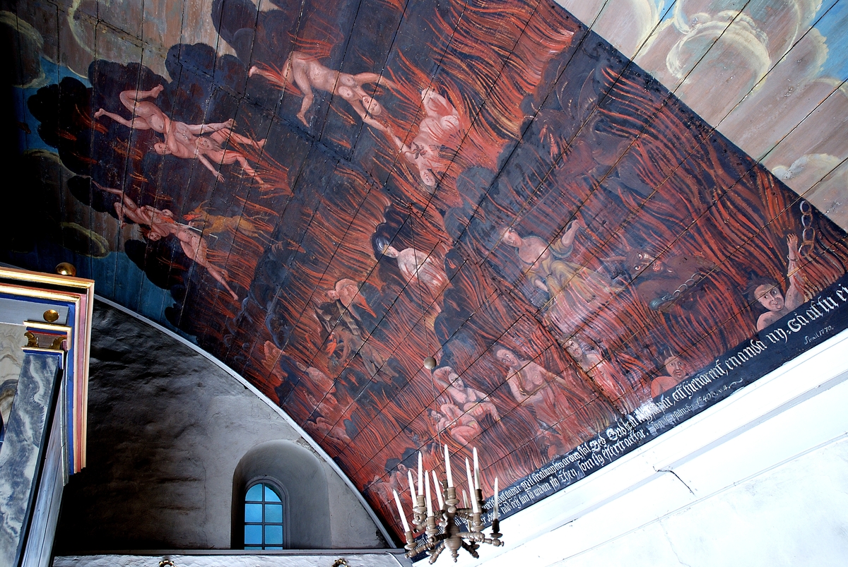 Takmålningar i Gräsmarks kyrka av Erik Jonaeus föreställande Yttersta domen.