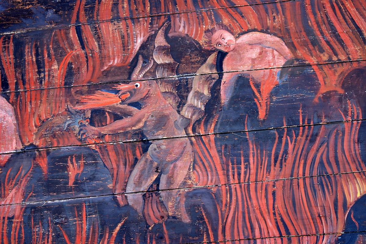 Takmålningar i Gräsmarks kyrka av Erik Jonaeus föreställande Yttersta domen.