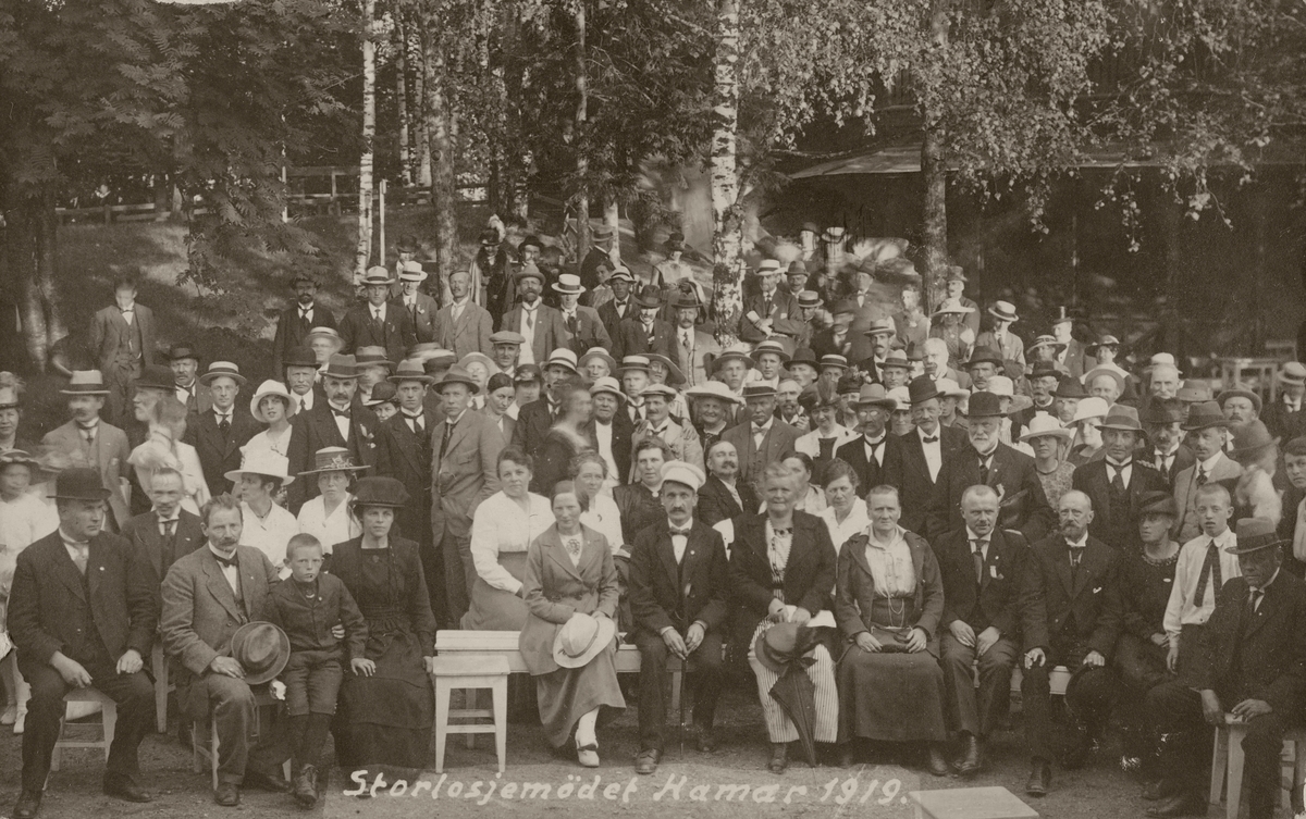 Postkort, Hamar Park, stor gruppe mennesker, deltakere på "Storlosjemøtet" i 1919,