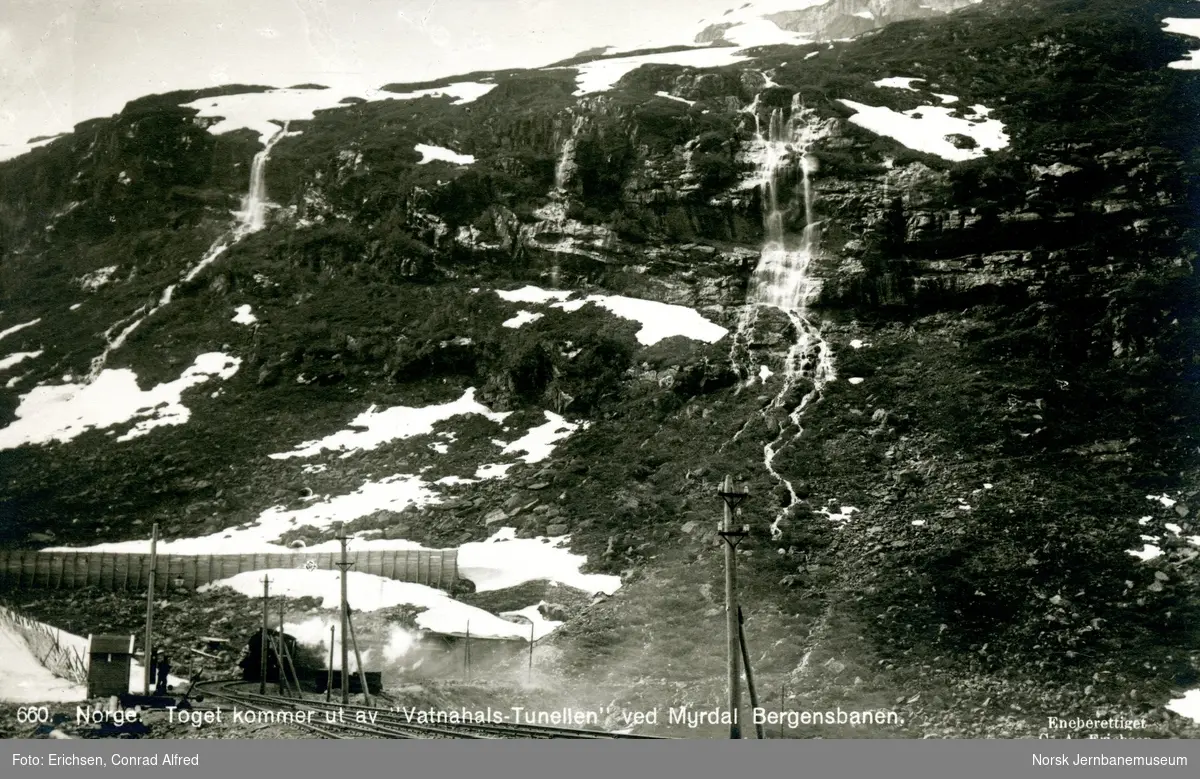 Damplokomotiv type 26 med tog fra Bergen ved Myrdal stasjon