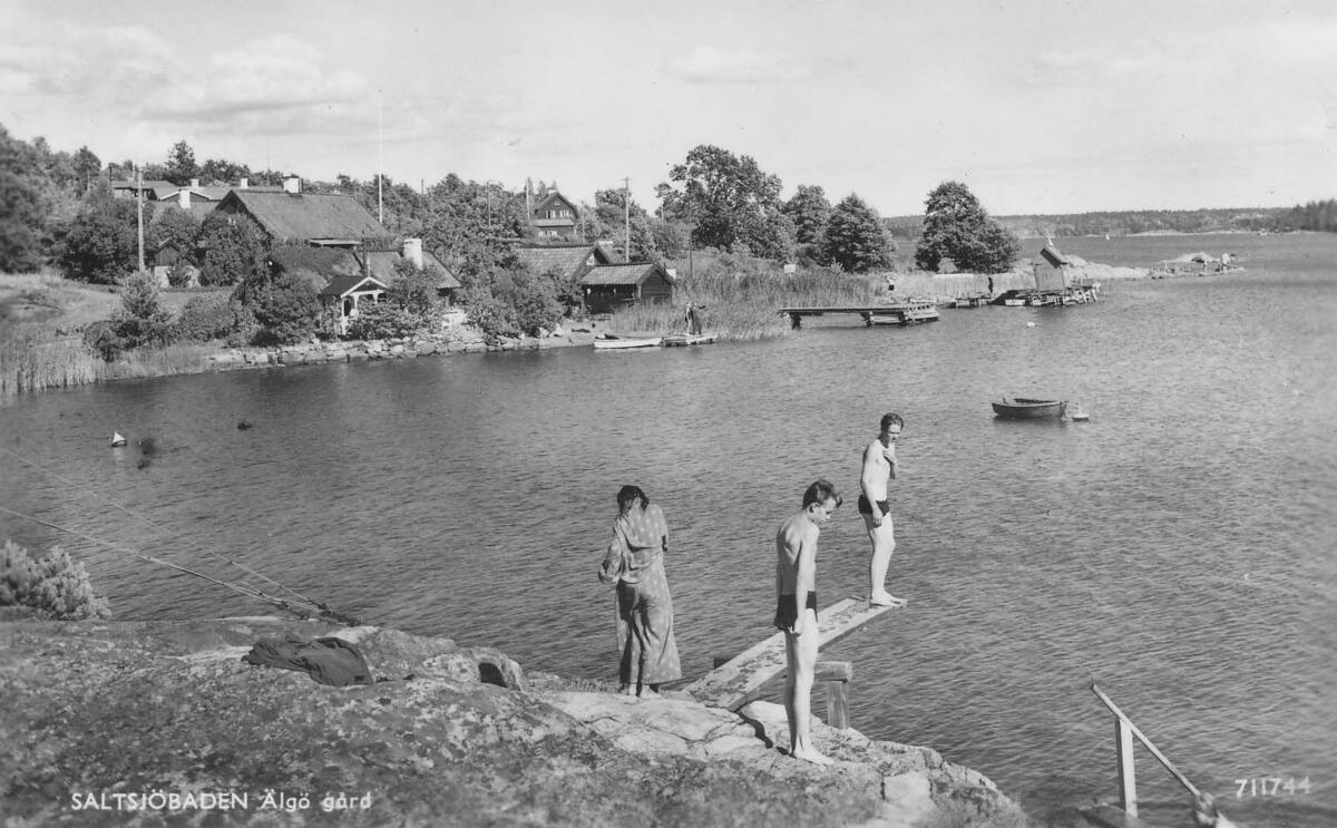 Bad vid Älgö gård. Vykort ca 1950.