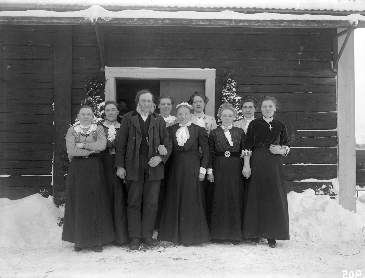 Före detta hemmansägare Jonas Peter Tollin och Emma Ljungström firar guldbröllop med sina döttrar. Dagen är den 29 december 1913. Platsen är parets bostad Fridhem, ett undantag till Attarp i Svinhult.
Från vänster i bild: Hilma Carlsson, Cecilia Phalén, Jonas Petter, Hulda Tollin, Emma, Anna Andersson, Ottilia Andersson, Jenny Tollin och Viktoria Tollin. I dörröppningen skymtar Cecilias make Oskar Phalén.
