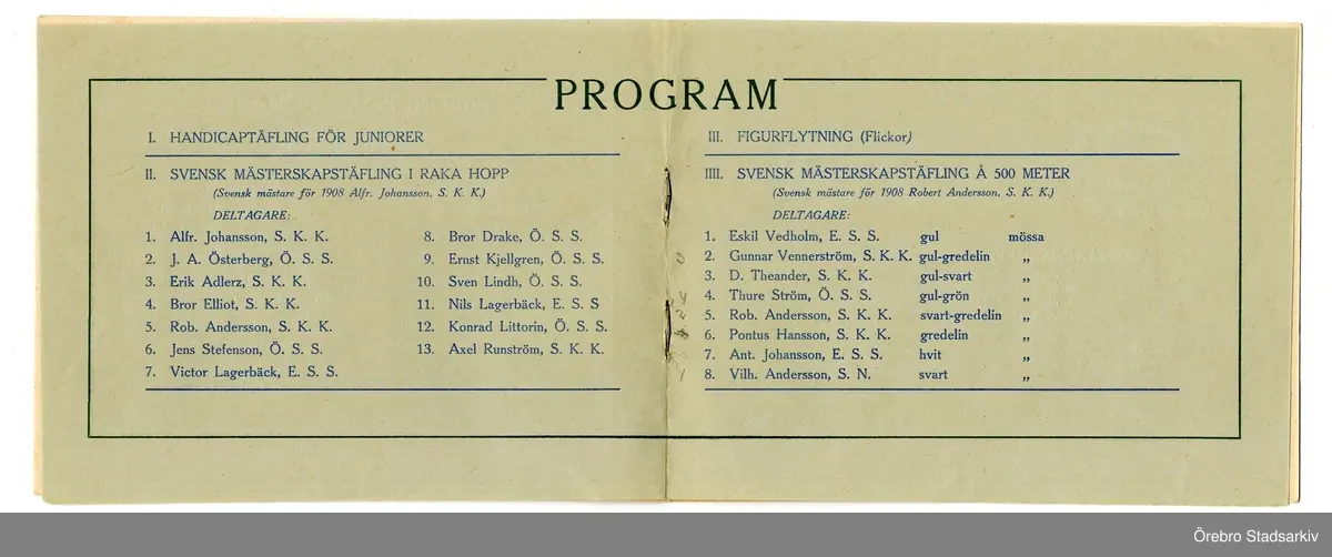 Idrottsprogram. SM-tävlingar i simning, 1909-08-01. Tävlingsledare: Erik Österberg. Skiljedomare: Eman. Larsson. Måldomare: Axel Arvedson. Prisdomare: Pontus Hansson, Paulus Källander, Gunnar Wennerström. Starter: Konrad Littorin. Tävlingssekreterare: Marcus Andersson. Domare i vattenpolo: Paulus Källander. Kontrollanter: B. Drake och A. Österberg. Ledare för tidtagarna: K. V. Karlsson. Tävlingsmarsalk: Karl J. Larsson. Tävlande: Alfr. Johansson, J. A. Österberg, Erik Adlerz, Bror Elliot, Rob. Andersson, Jens Stefenson, Victor Lagerbäck, Bror Drake, Ernst Kjellgren, Sven Lindh, Nils Lagerbäck, Konrad Littorin, Axel Runström, Eskil Vedholm, Gunnar Vennerström, D. Theander, Thure Ström, Pontus Hansson, Ant. Johansson, Vilh. Andersson.