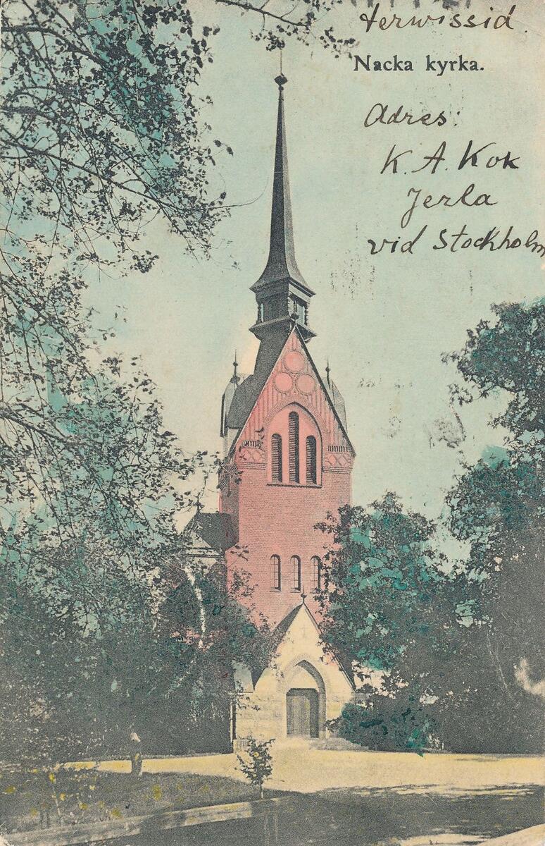Nacka kyrka - ritad av arkitekt Gustaf Wickman - invigdes i november 1891. Vykort poststämplat 8/10 1902.