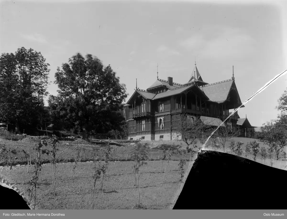 hage, nyplantede frukttrær, villa, sveitserhus, dragestil