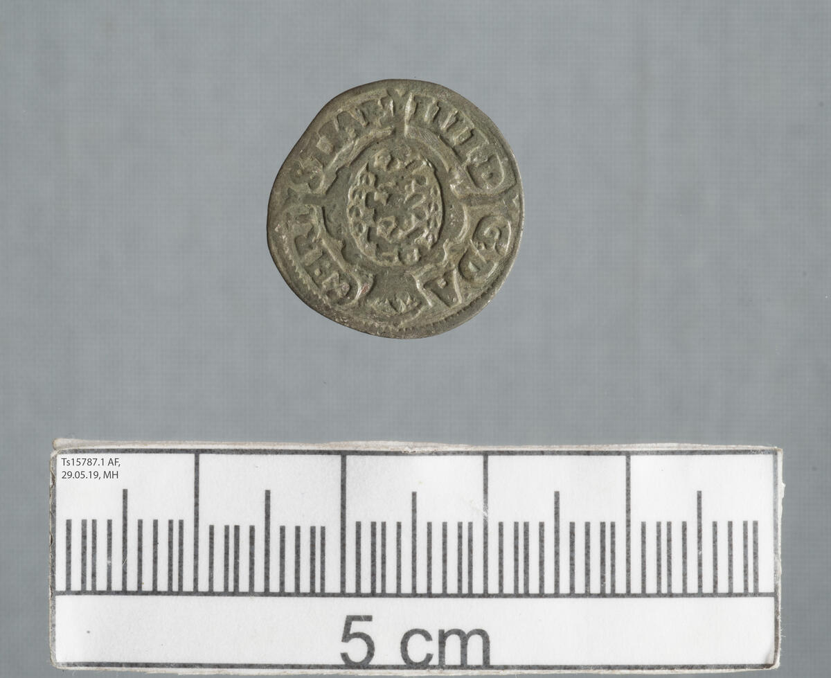 Toskilling 1648. Preget av Kong Christian IV. Innskrift advers: II SKILI NG DA NSK og omskrift advers: NOR VAN•GOTO REX. Motiv revers: Våpenskjold med tre løver. 
LokalitetsID: 242077