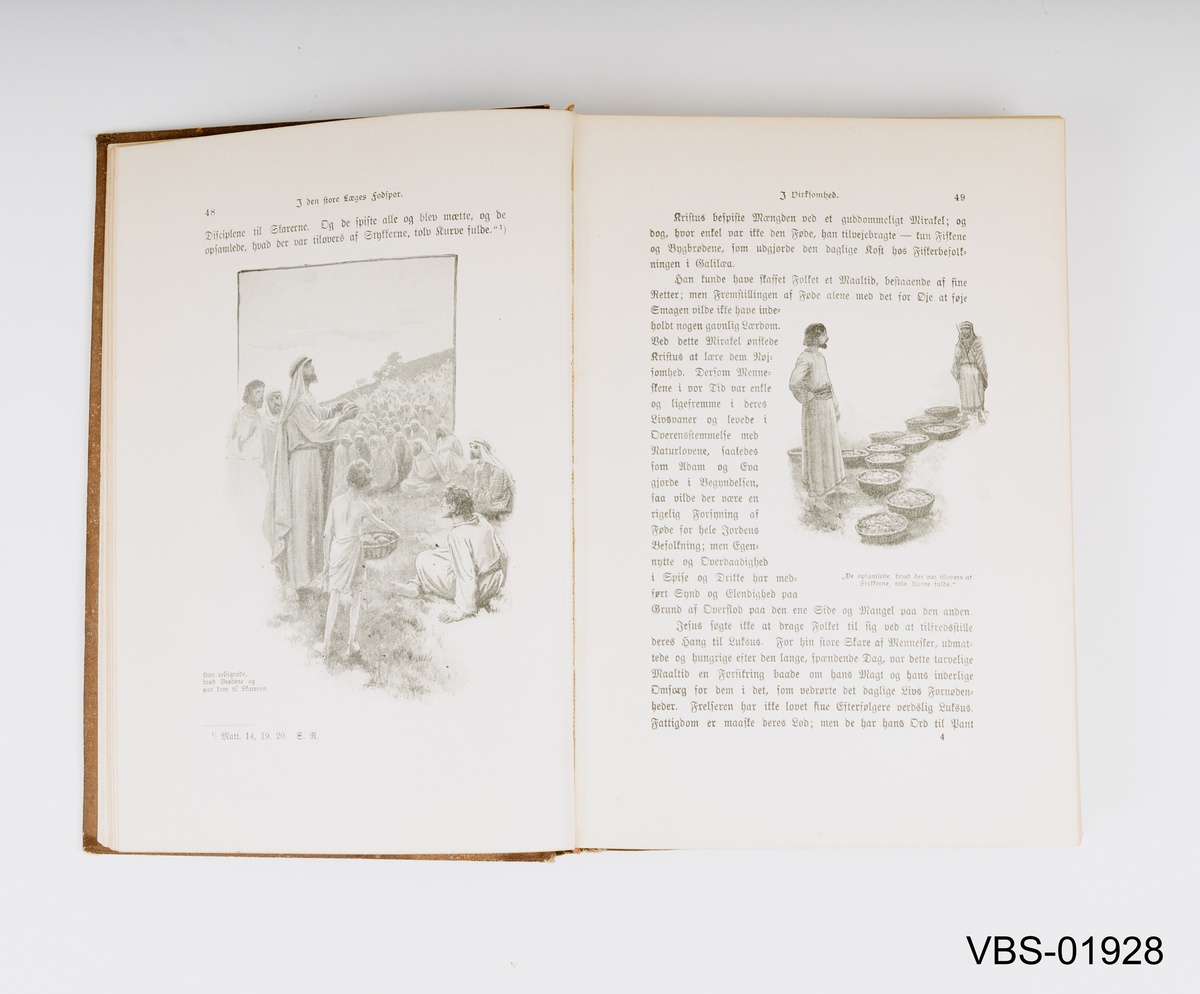 Bok med 543 sider, med gotisk skrift og illustrasjoner inni.
Boksomslag med bildet av en sykepleier og en pasient i rullestol på landskapet
Utgave i Kristiania 1915.