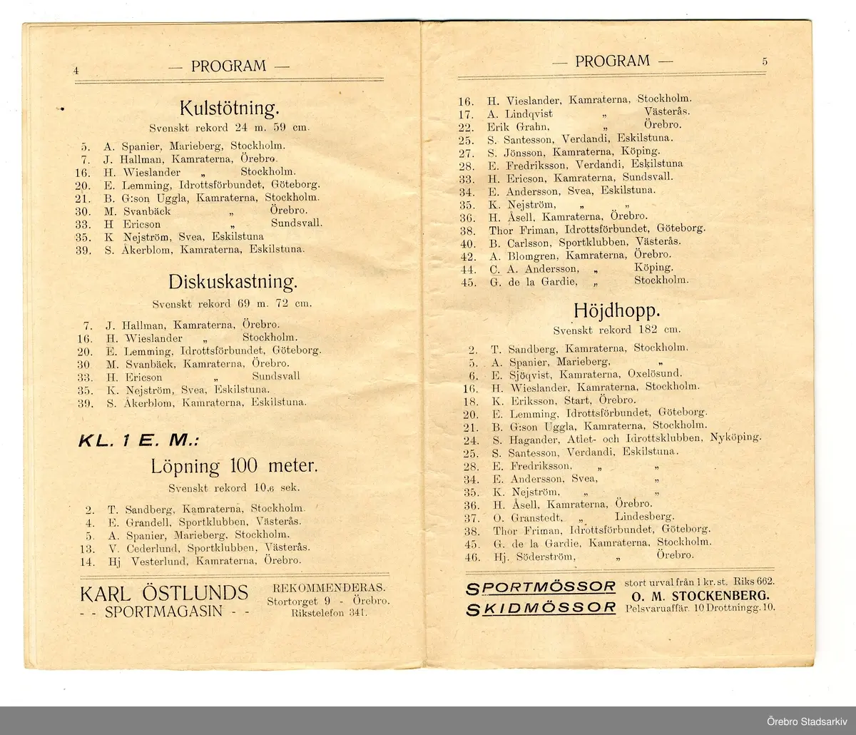 Idrottsprogram. Nationella tävlingar i friidrott, 1908-09-20. Tävlingsledare: Ch. Löfgren. Överdomare: Em. Grahn. Ordningsmarsalk: H. Lindgren. Läkare: Gustav Möller. Tävlingssekreterare: C. Hjorth. Härold: Erik Österberg. Måldomare: Karl Holm. Starter: E. Agardt. Tidtagare: Konrad Littorin, P. Lindström, P. Bergström, O. Carlsson, Vilh. Karlsson, Ejnar Grahn. Sekreterare: E. Thestrup. Varvräknare: Ingenjör Scholander och G. Karlsson. Ledare för hopptävlingarna: M. Kihlmark. Funktionärer vid hopptävlingarna: Ivar Lindmark och Oskar Bergström. Sekreterare vid hopptävlingarna: Helmer Åsell. Ledare för kasttävlingarna: P. Källander. Funktionärer vid kasttävlingarna: A. Arvidsson och Aug. Österberg. Sekreterare vid kasttävlingarna: Helge Eriksson. Tävlande: E. Lindskog, T. Sandberg, E. Lindblad, E. Grandell, A. Spanier, E. Sjöqvist, J. Hallman, Ch. Jakobsson, E. Eriksson, M. Öholm, G. Carlén, N. Georgii, V. Cederlund, Hj. Westerlund, H. Lindskog, H. Wieslander, Axel Lindqvist, K. Eriksson, Bror Modig, E. Lemming, B. G:sson, Erik Grahn, A. Pettersson, S. Hagander, S. Santesson, G. Andersson, S. Jönsson, E. Fredriksson, J. Svanberg, M. Svanbäck, K. Svärd, E. Gelin, H. Ericson, E. Andersson, K. Nejström, H. Åsell, O. Granstedt, Thor Friman, S. Åkerblom, B. Carlsson, F. Anell, A. Blomgren, E. Hedenlund, C. A. Andersson, G. de la Gardie, Hj. Söderström, E. Andersson, G. Ekman, A. Frykholm.