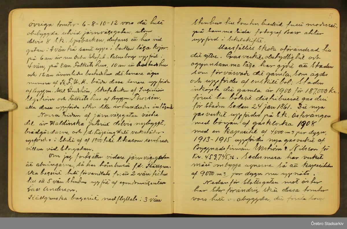 Byggmästare Per Karlssons anteckningar om Örebro stad, 1884-1935. Text på titelsidan "Härefter Örebro stads förändrade fysionomi tiden 1884 och därefter till och med 1935, sålunda 50 år".
