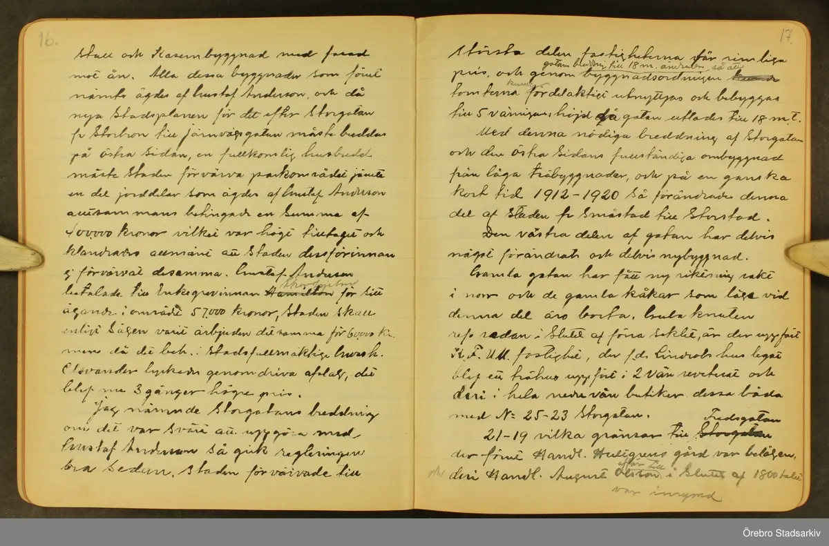 Byggmästare Per Karlssons anteckningar om Örebro stad, 1884-1935. Text på titelsidan "Härefter Örebro stads förändrade fysionomi tiden 1884 och därefter till och med 1935, sålunda 50 år".