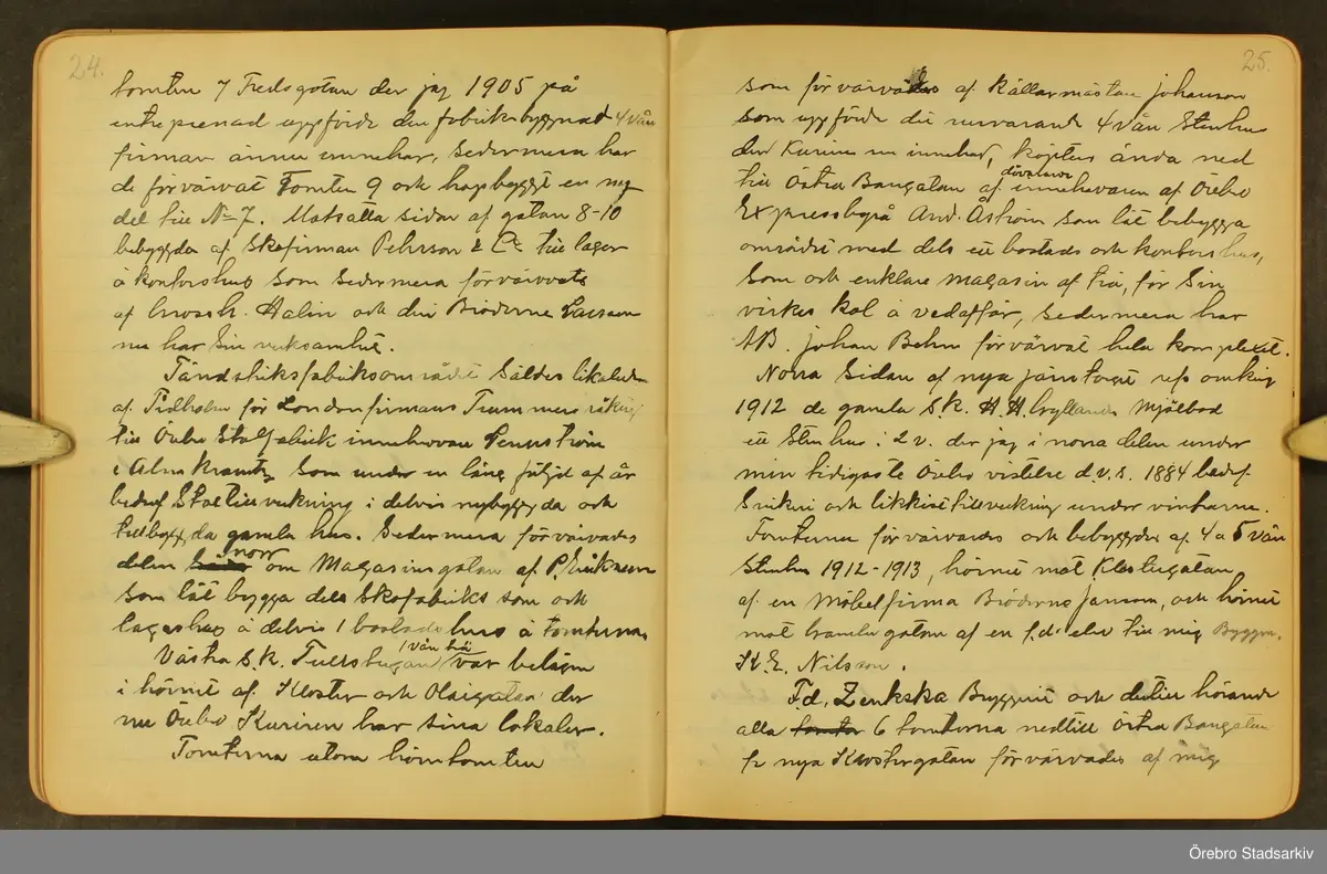 Byggmästare Per Karlssons anteckningar om Örebro stad, 1884-1935. Text på titelsidan "Härefter Örebro stads förändrade fysionomi tiden 1884 och därefter till och med 1935, sålunda 50 år".