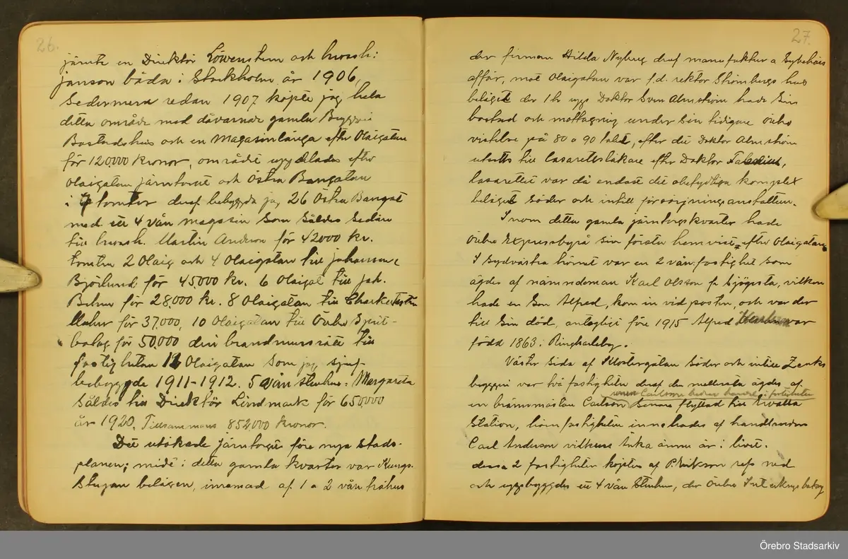Byggmästare Per Karlssons anteckningar om Örebro stad, 1884-1935. Text på titelsidan "Härefter Örebro stads förändrade fysionomi tiden 1884 och därefter till och med 1935, sålunda 50 år".